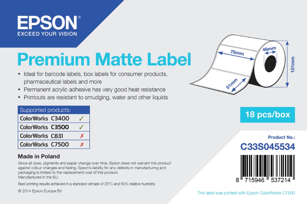 Epson C33S045534 Printer Labels - White